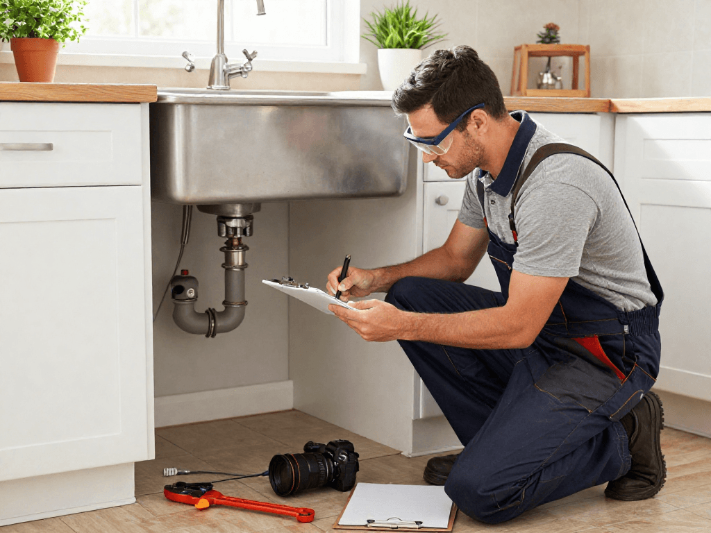 Professional plumber inspecting leak repair Fort Worth in a kitchen, demonstrating expertise and care.