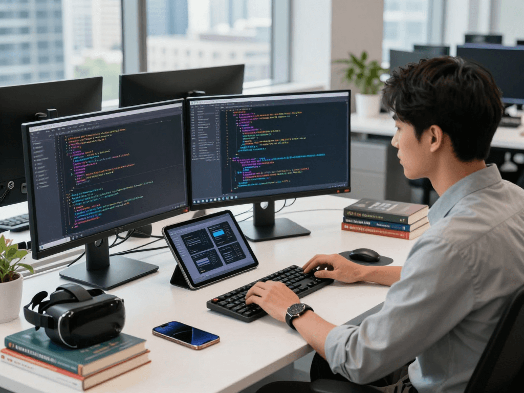 Desarrollador de software programando en un entorno moderno, rodeado de servidores dedicados en México y tecnología avanzada.