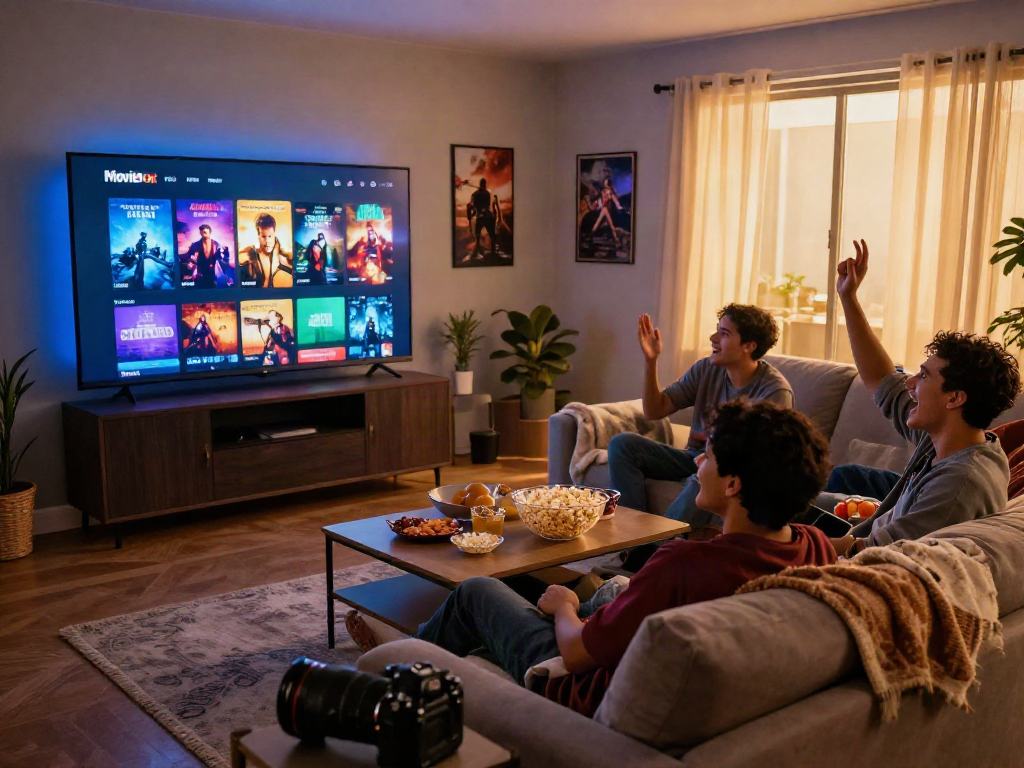Enjoying the Moviebox app with friends in a cozy home theater setting.