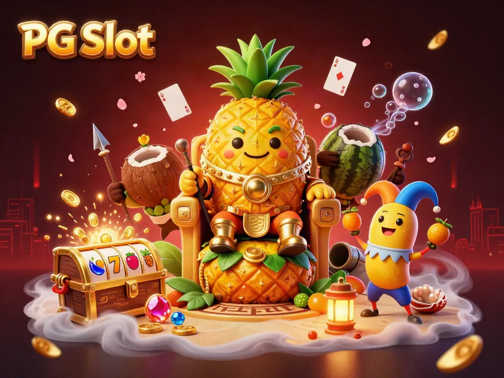 Pemain PG Slot dengan raja nanas emas dan penjaga kelapa di kasino pantai yang penuh harta karun.