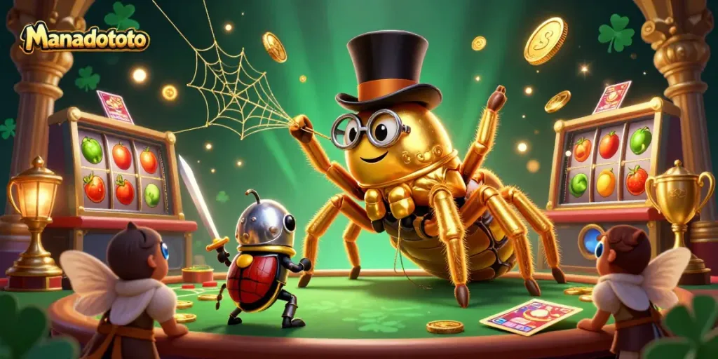 Experience thrilling games at manadototo with a vibrant casino scene featuring golden tarantula and beetle knight.