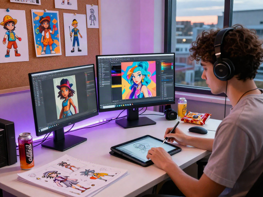Artist using character AI nsfw tools in vibrant studio with designs and technology.