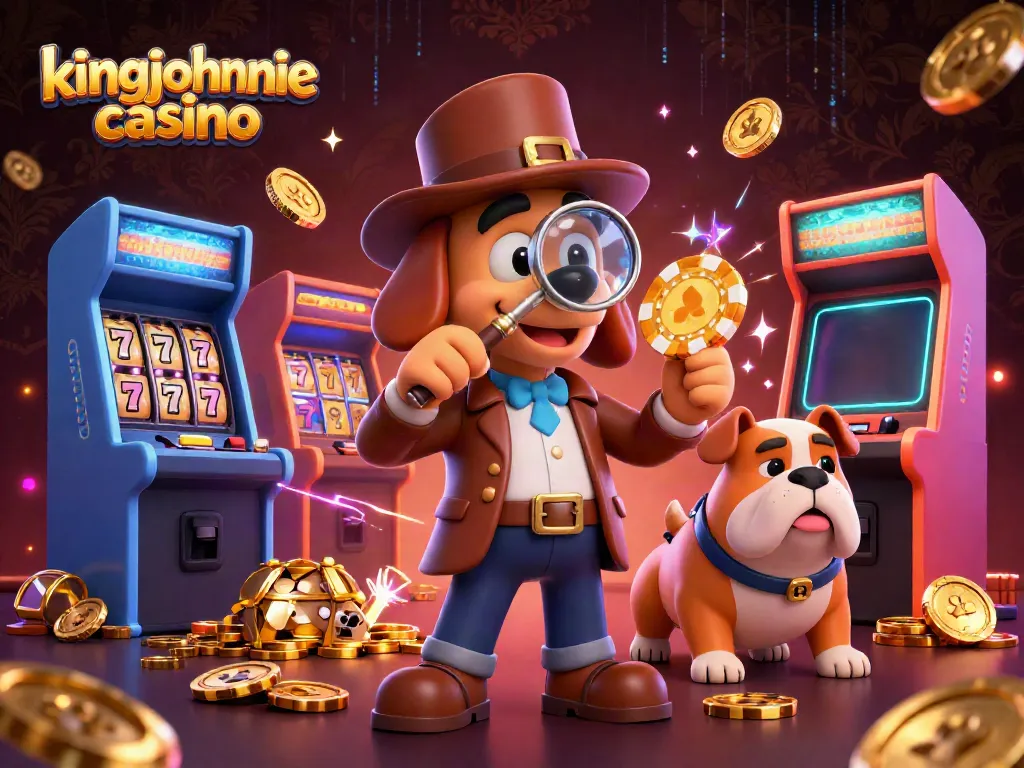Engage with the kingjohnnie casino scene featuring a detective bloodhound uncovering clues among vibrant casino elements.