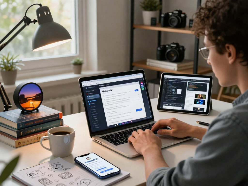 Mobile app developer exploring Pikashow APK download in a cozy home office.
