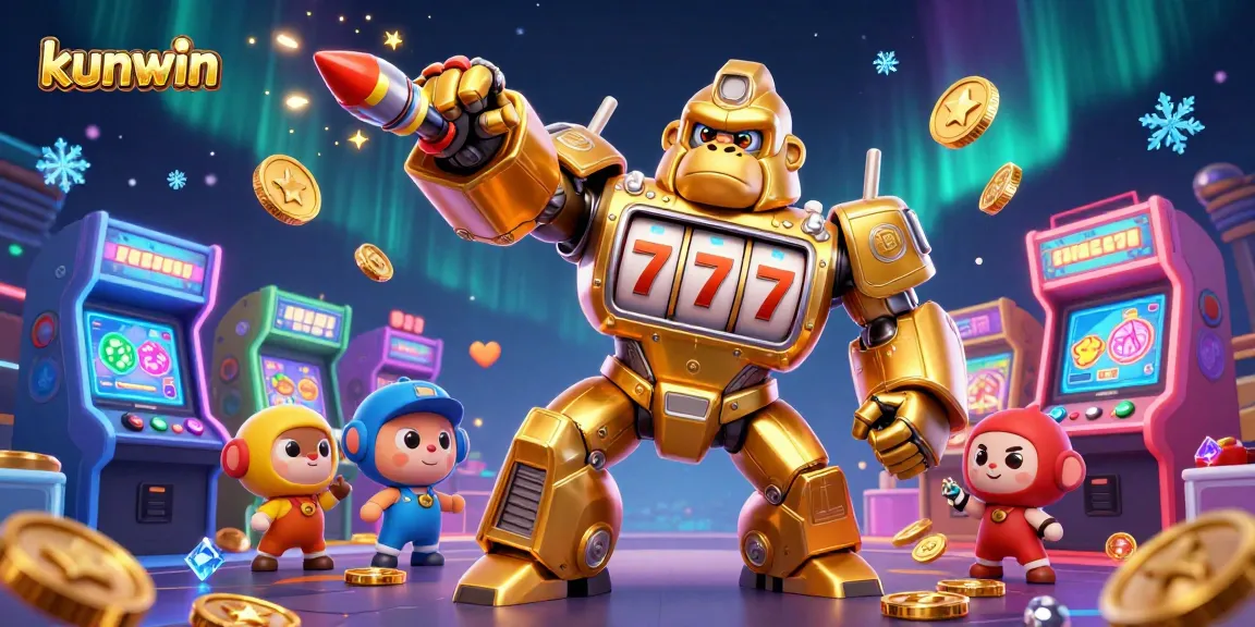 Experience the thrill of kunwin with an explosive golden gorilla mech surrounded by vibrant casino game elements.