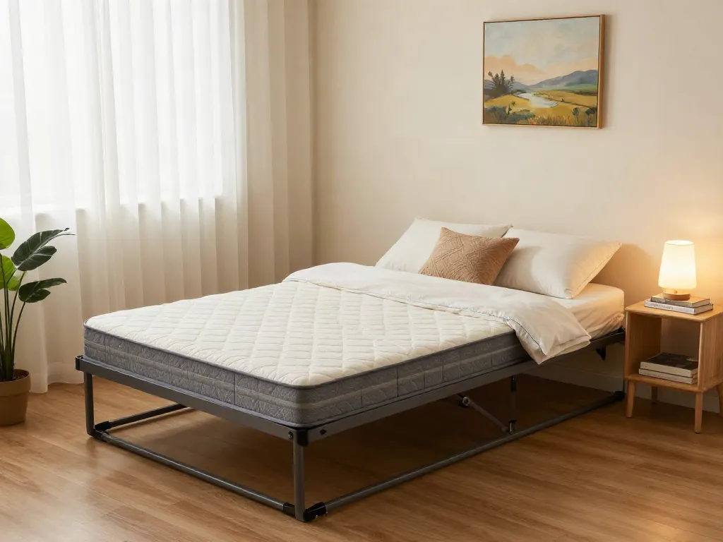 Cozy bedroom showcasing a folding bed with mattress, elegant bedding, and soft lighting.