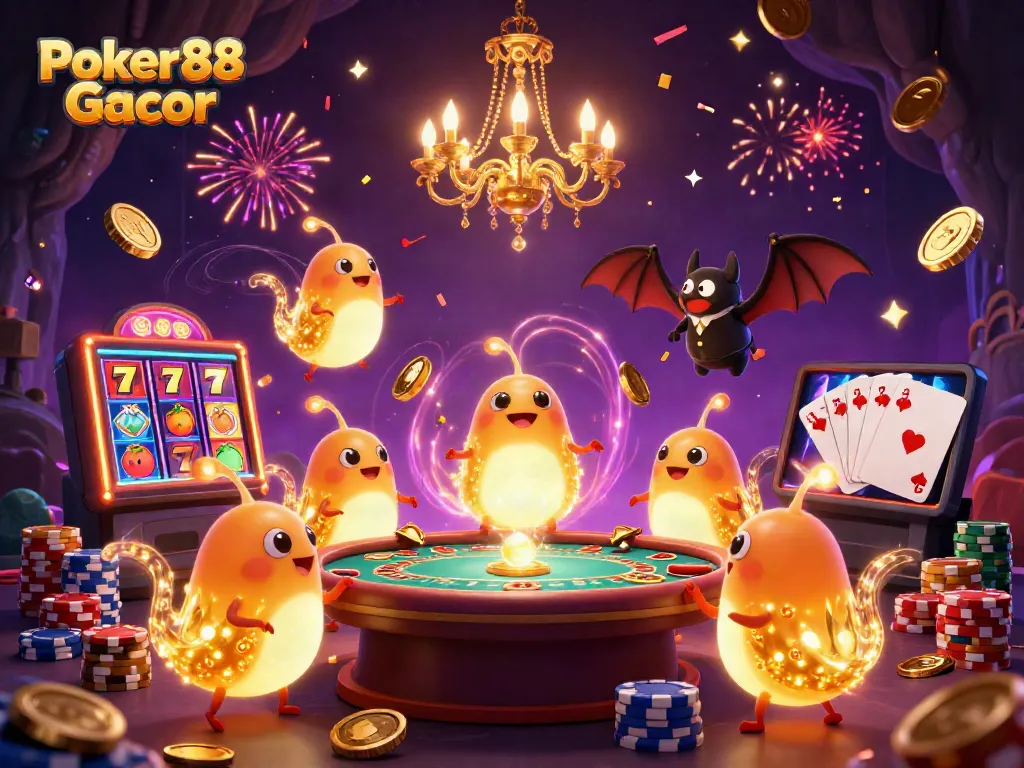 Experience Poker88 Gacor's excitement with glowworms lighting a lavish casino scene of games and riches.