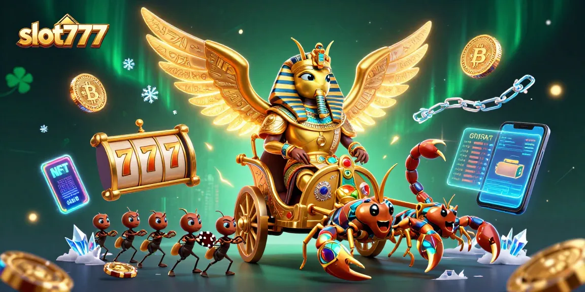 Win big with slot777 in this vibrant, dynamic scene featuring a golden scarab and jackpot elements.