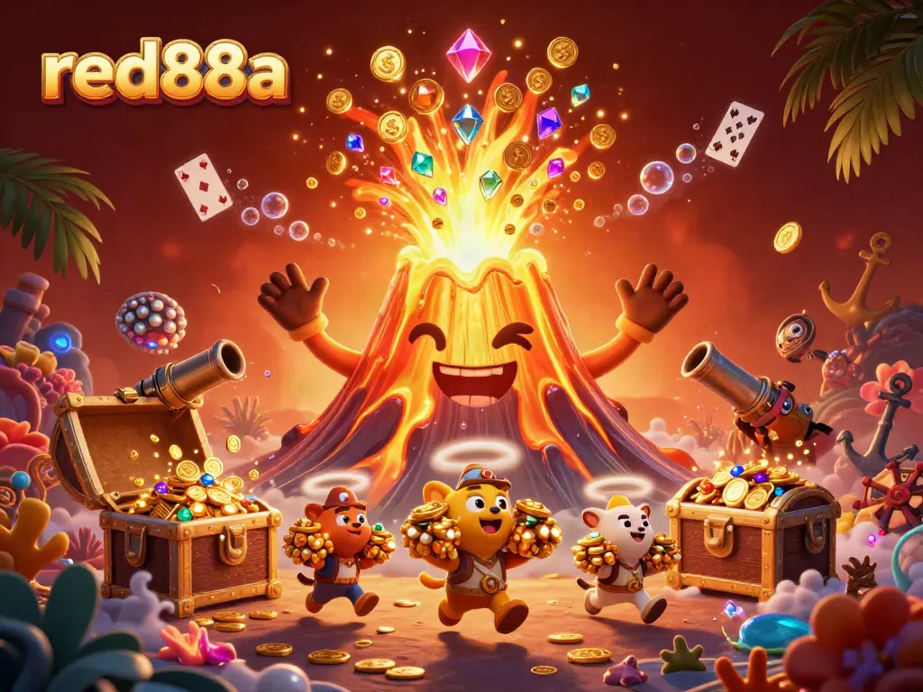 Experience thrilling wins with red88a as treasure erupts from a golden volcano in this vibrant casino illustration.