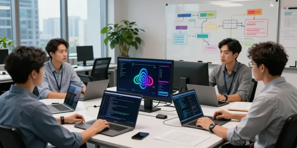 Team discussing what are AI tokens in a modern tech office setting with digital screens.