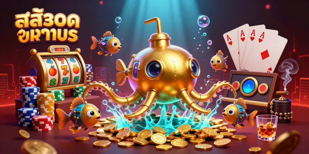 Experience thrilling สล็อตทดลอง gameplay with vibrant golden kraken submarine and rich casino elements.
