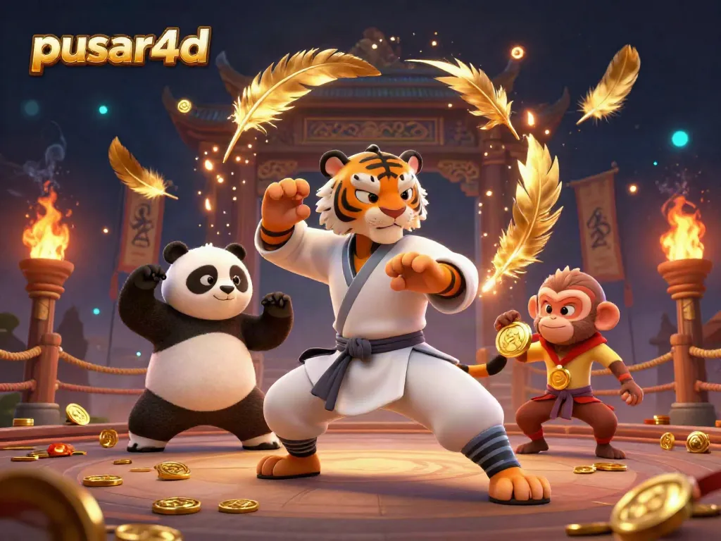 Pusar4d shows playful characters engaging in thrilling slot gameplay surrounded by golden elements.