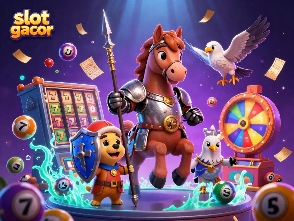Experience the thrill of slot gacor with a knight, puppy, and falcon among vibrant game elements.