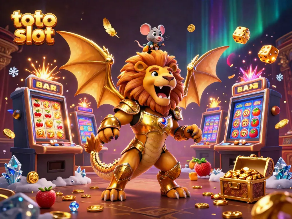 Engaging scene featuring a golden armored chimera and mouse jockey celebrating with jackpot symbols in a toto slot casino.
