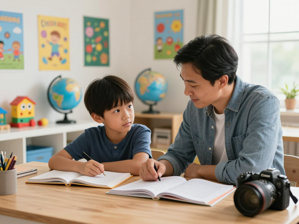 Focused student with best tutors in a bright study space surrounded by educational tools.