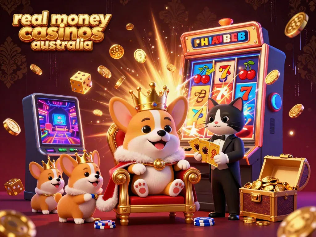 Experience real money casinos Australia with vibrant 3D corgi royalty, dynamic game elements, and rich visual detail.