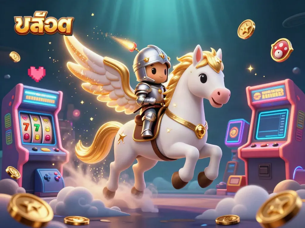 Experience thrilling สล็อต action with a celestial horse and knight in a vibrant casino scene.