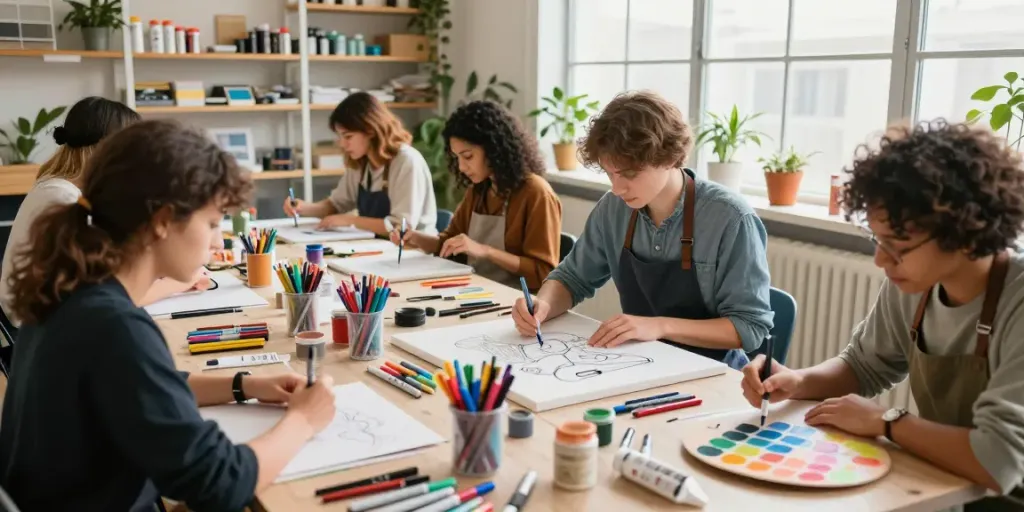 Marker pen supplier providing art tools in a vibrant creative workshop.