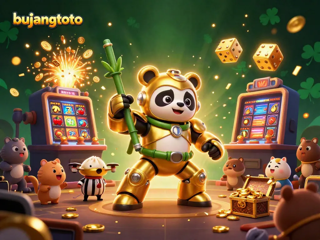 Bujangtoto showcases a vibrant casino scene with a golden panda in a mech suit amidst lively gaming action.