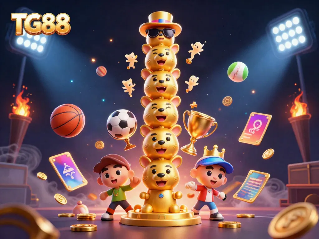 Experience TG88's immersive casino scene with a dynamic totem pole and vibrant sports elements.