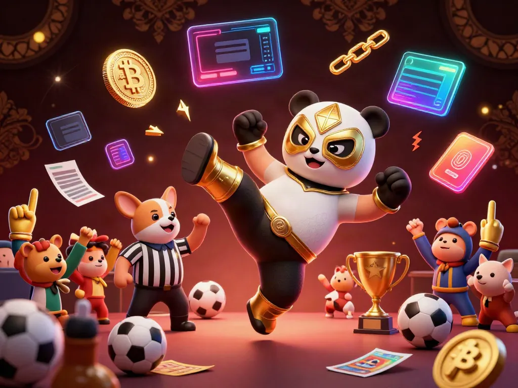 Doomuan sports betting scene showcasing a dynamic panda wrestler and cheering animals amidst vibrant crypto elements.