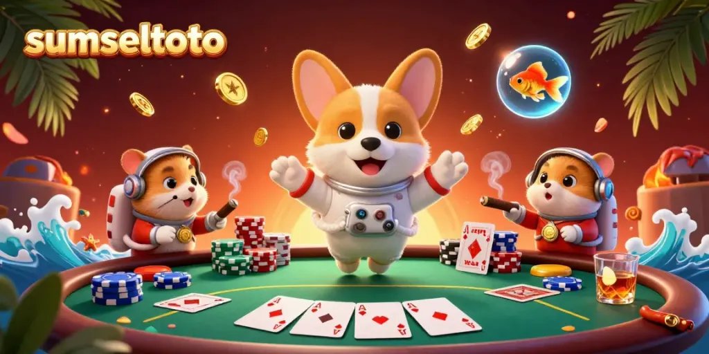 Experience the excitement of sumseltoto with a 3D cartoon scene of a floating space casino.