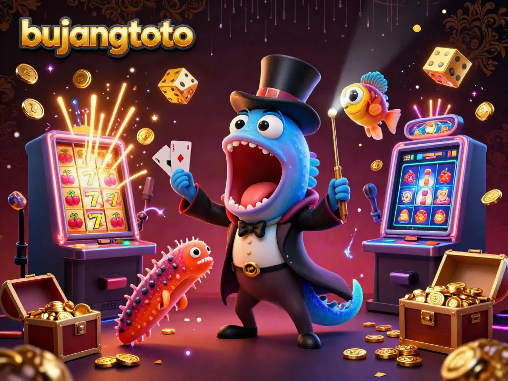 Engage with bujangtoto's lively casino atmosphere featuring an eel magician and dazzling game elements.