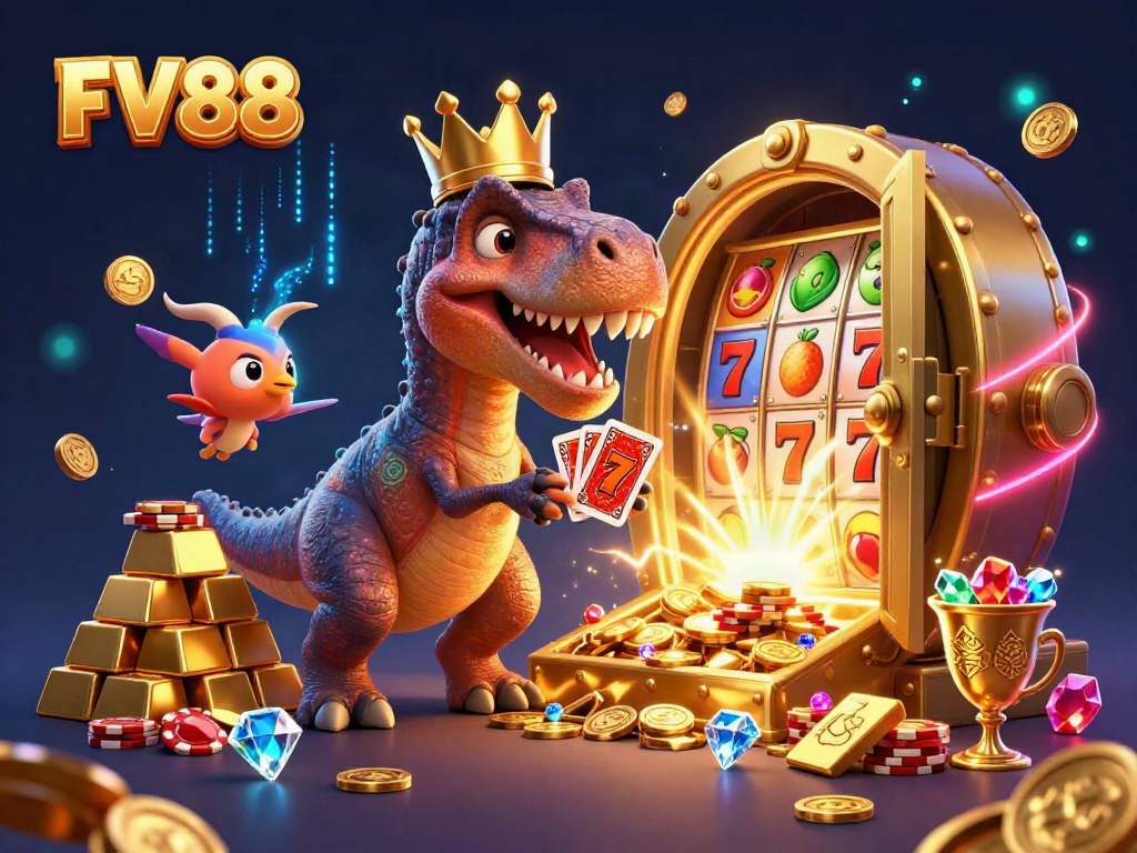 Experience thrilling moments at FV88 with a vibrant casino scene featuring a playful T-Rex and friends.
