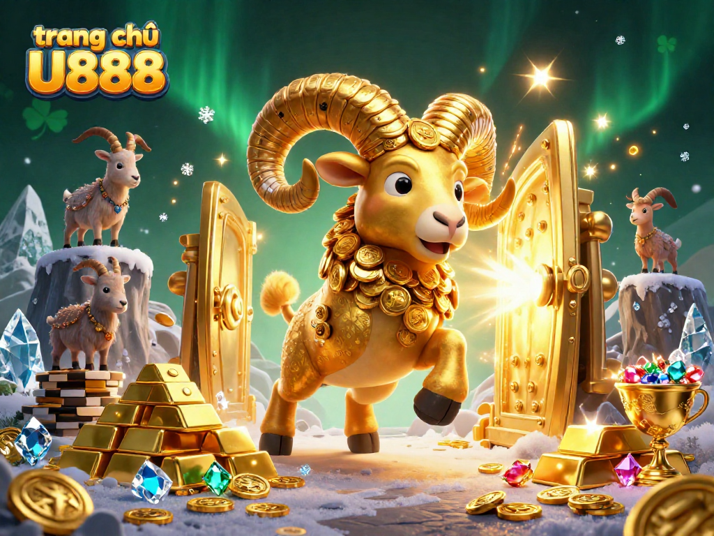 Experience the thrill of trang chủ U888 with a dynamic golden ram charging through a treasure-filled landscape.