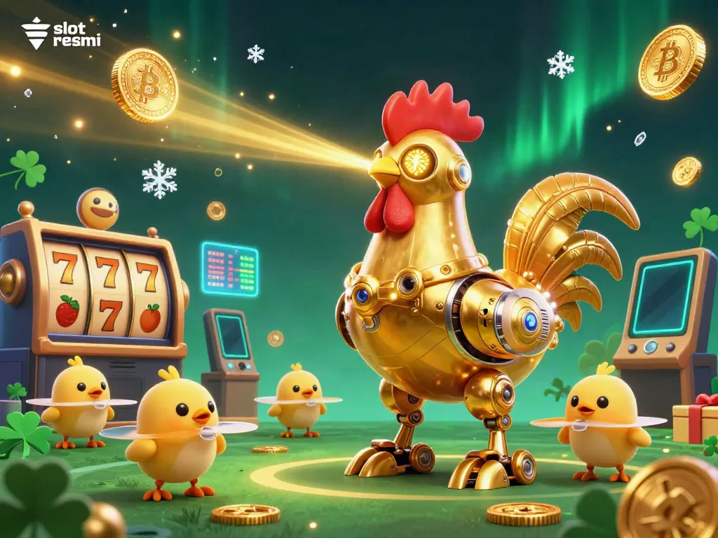 Experience the excitement of slot resmi with our dynamic casino illustration showcasing futuristic characters and vibrant game elements.