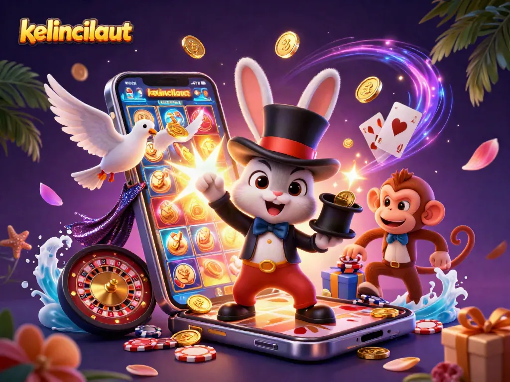 Engage in thrilling gameplay with kelincilaut featuring a rabbit magician, dove, and monkey surrounded by slot games and casino elements.