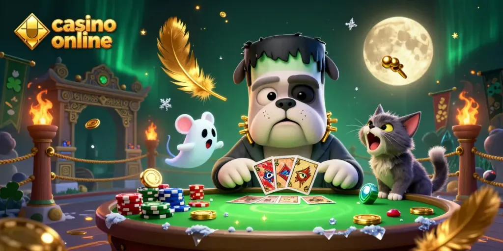 Engaging scene of a Frankenstein bulldog monster dealing cards at a spooky casino online table surrounded by playful elements.