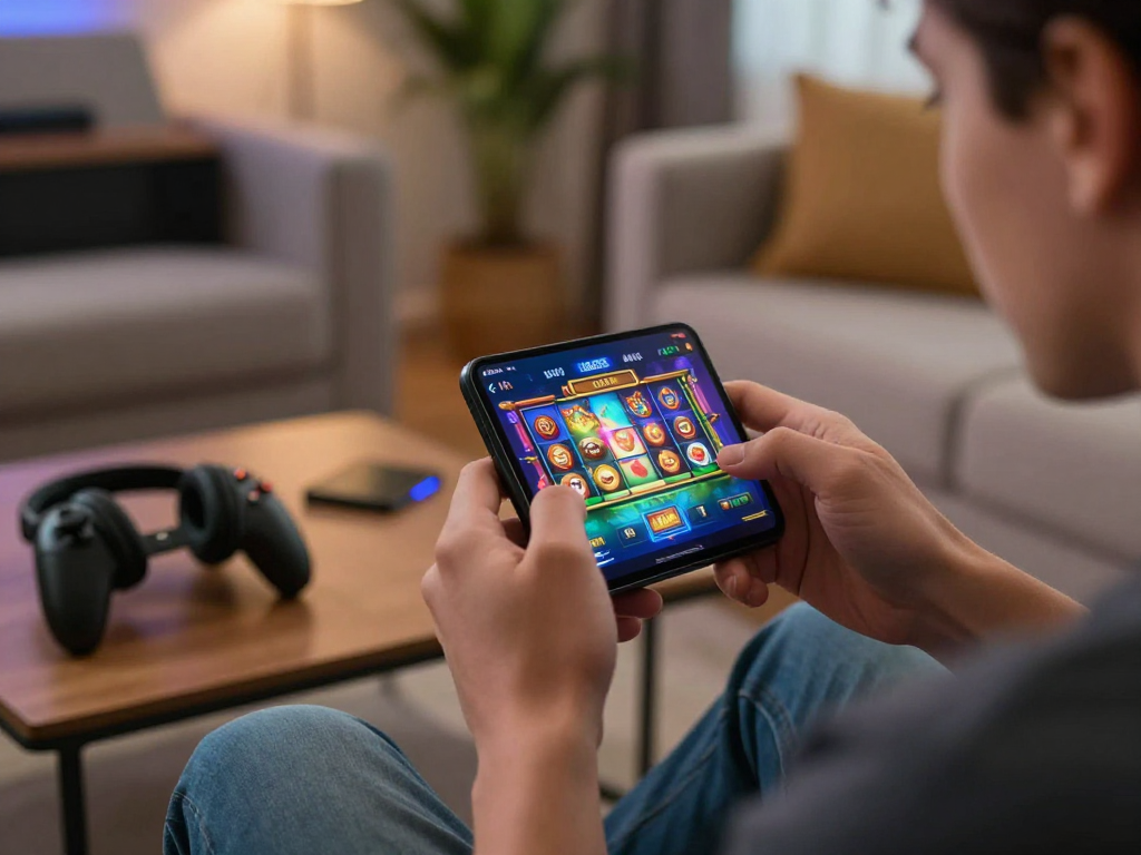 Pengguna aplikasi iga 335 bermain slot digital dengan smartphone di rumah, suasana santai dan nyaman.