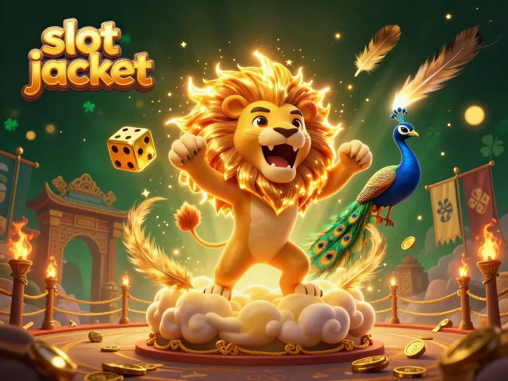 Experience thrilling slot jackpots with a roaring lion, golden dice, and peacock amid vibrant casino elements.
