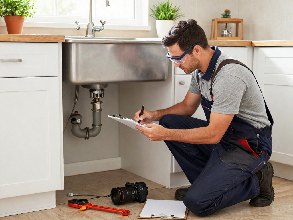 Professional plumber inspecting leak repair Fort Worth in a kitchen, demonstrating expertise and care.