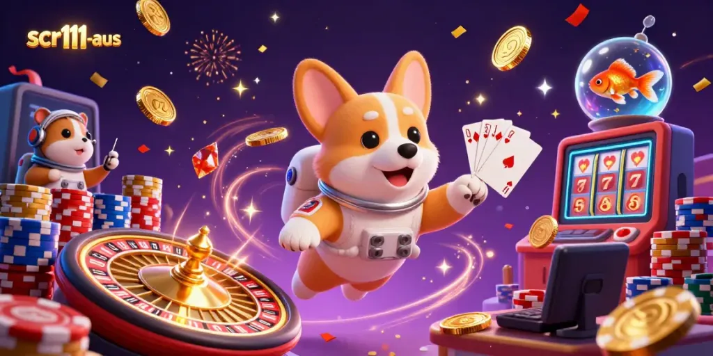Experience the excitement of scr111-aus with a 3D illustration of a space station casino featuring unique characters and games.