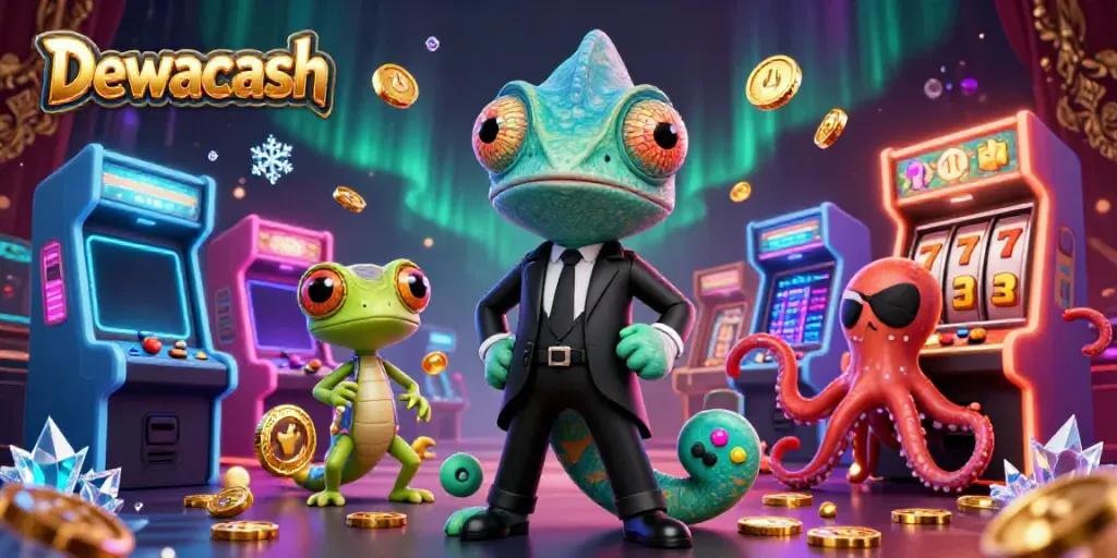 Experience thrilling gameplay with Dewacash's vibrant casino illustration featuring colorful slots and game characters.