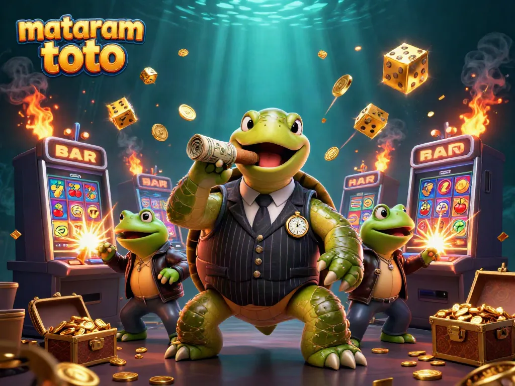 Mataram toto brings excitement with a dynamic 3D illustration featuring a snapping turtle in a mobster suit, surrounded by slot machines and casino elements.