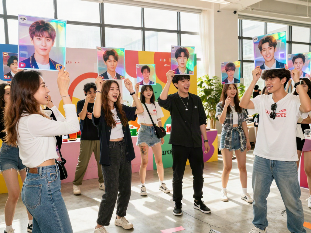 Group of friends discovering which celebrities look alike to them at an engaging event.