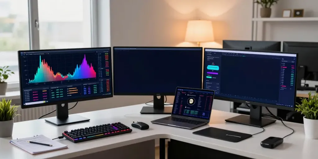Real-time 股票行情接口 data displayed on multiple monitors in a professional cryptocurrency trading setup.