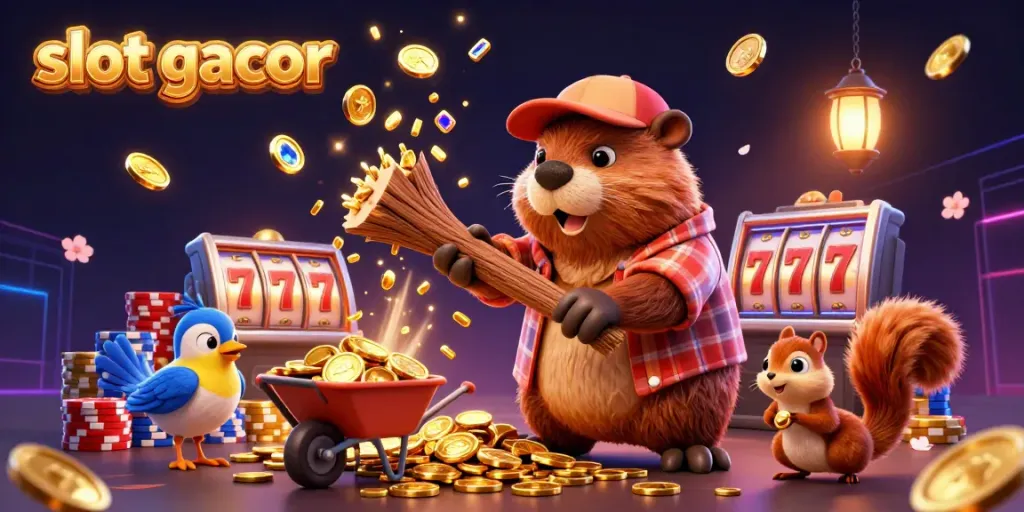 Experience thrilling gameplay with slot gacor, featuring a lumberjack beaver, bird companion, and squirrel in a vibrant casino scene.