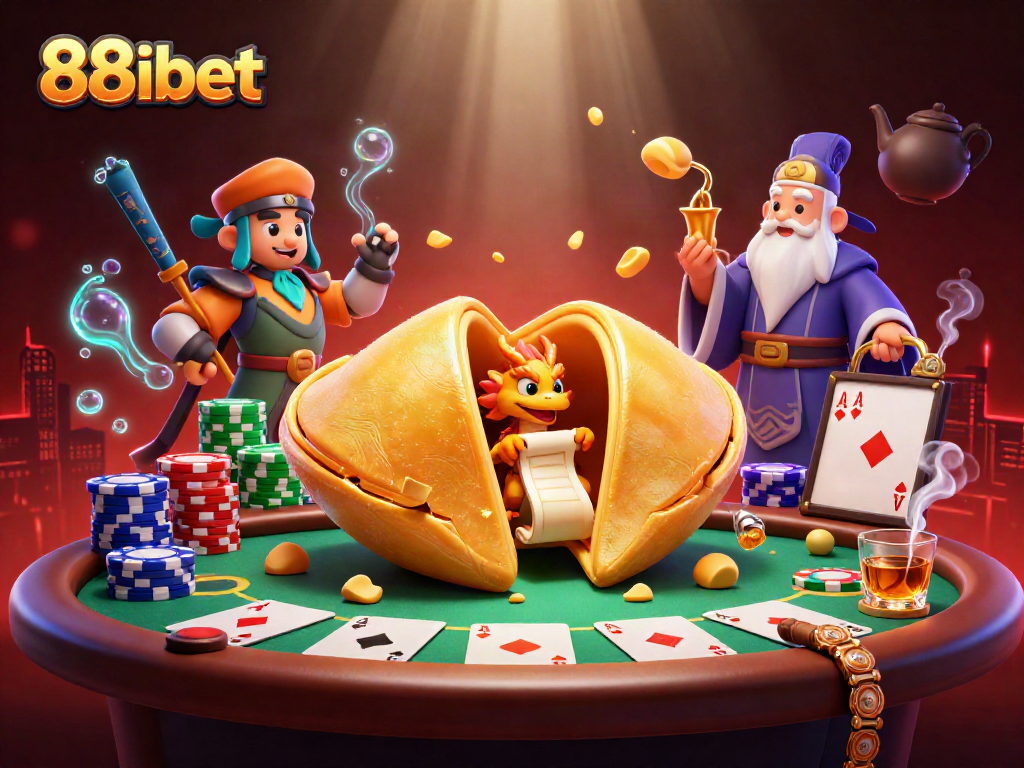 Engage with 88ibet's vibrant casino scene featuring a whimsical golden fortune cookie and poker elements.