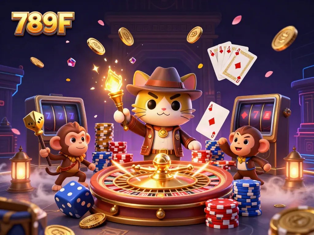 Experience thrilling gaming at 789F with an explorer cat and vibrant casino artifacts.