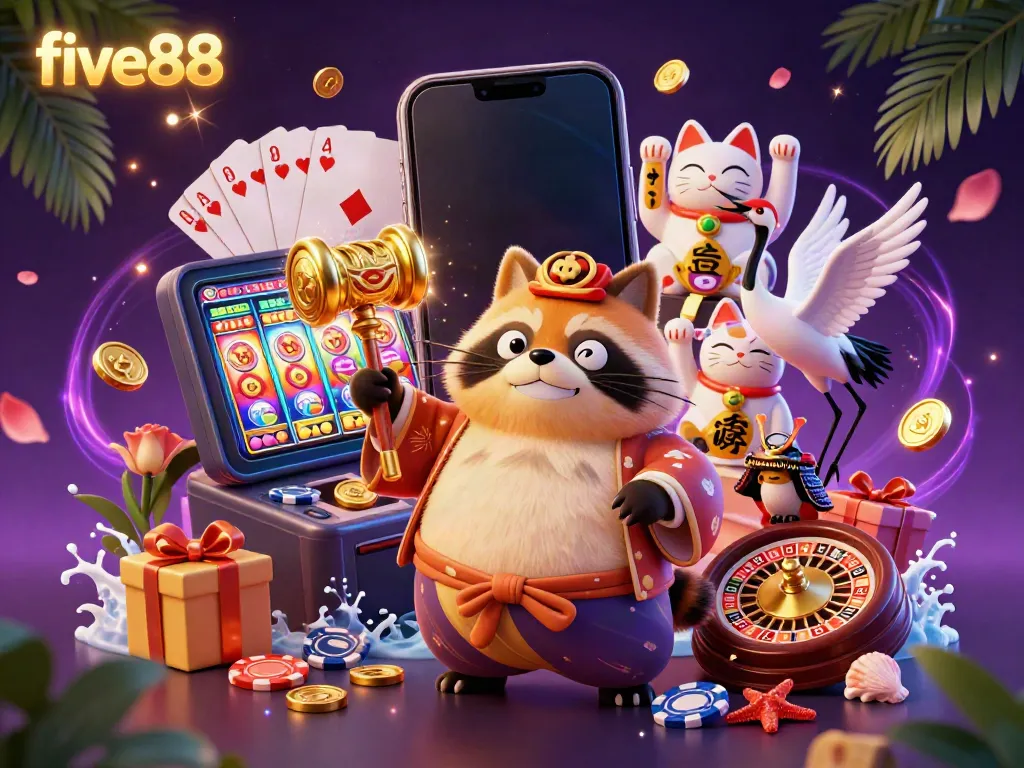 Experience the vibrant excitement of five88 with a cheerful tanuki surrounded by casino games and maneki-neko cats.