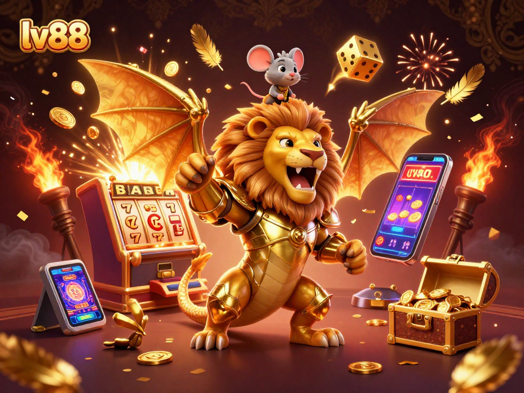Experience the excitement of lv88 with a roaring chimera, vibrant slot machine, and thrilling gaming elements.