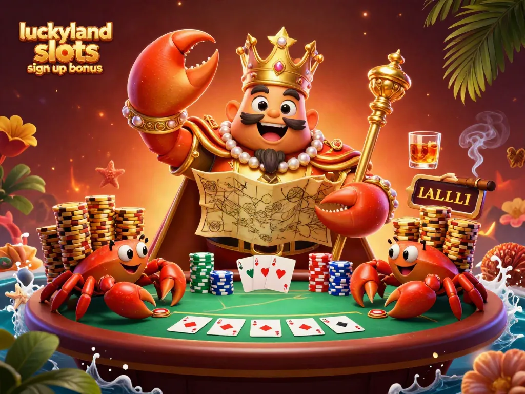 Spin to win with luckyland slots sign up bonus featuring golden crab emperor surrounded by poker elements.