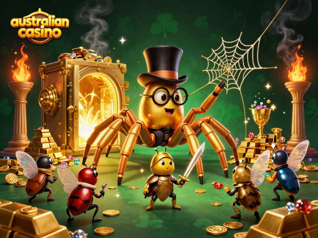 Engaging scene featuring a giant golden tarantula and beetle knight in an australian casino setting.