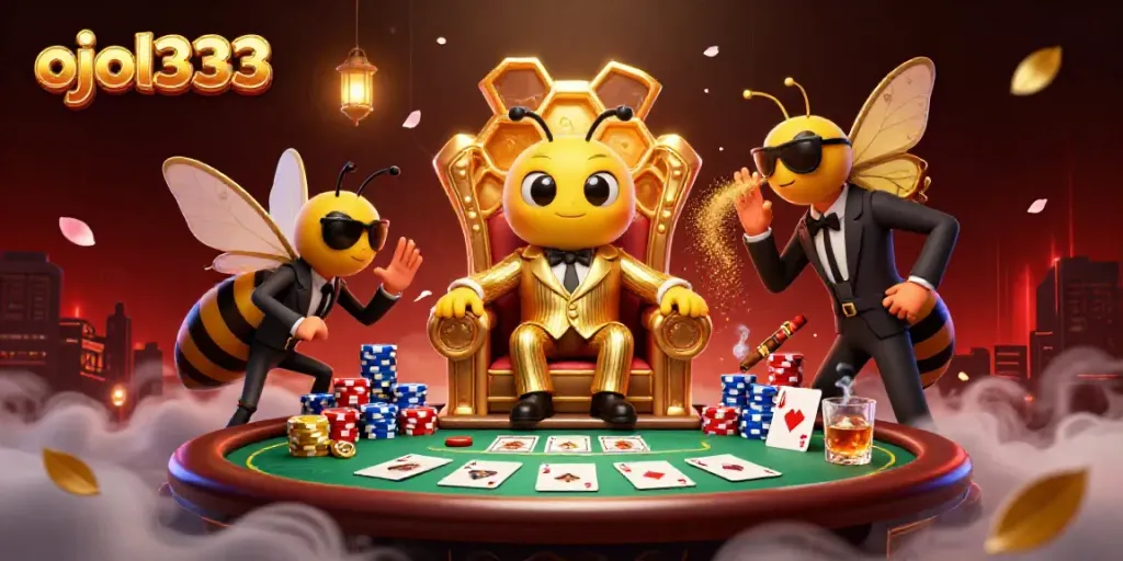 Experience ojol333 with a cartoon bumblebee mob boss in a lavish poker scene filled with excitement.