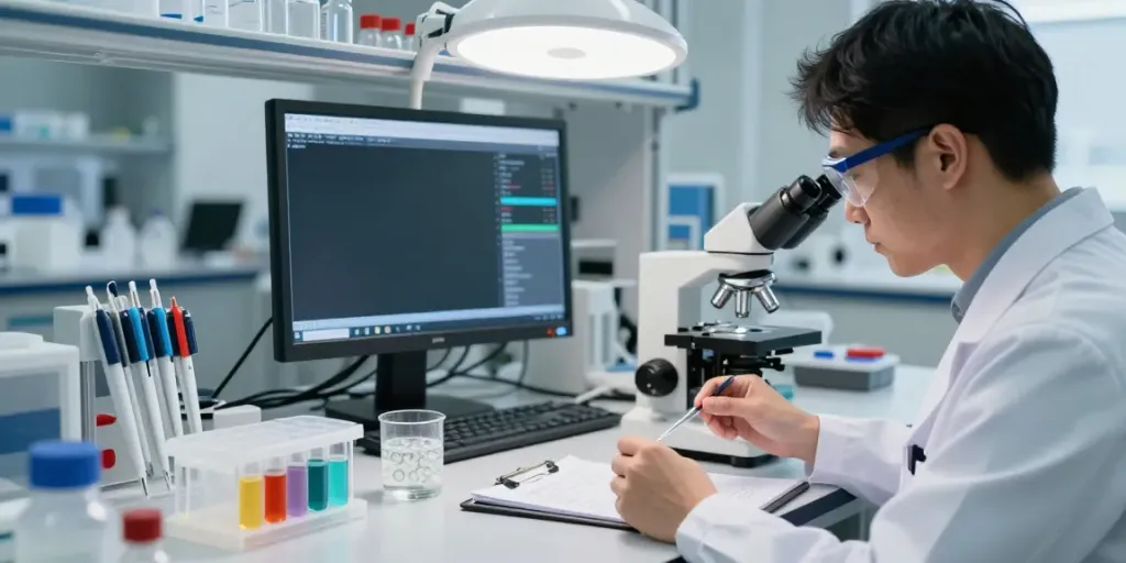 Scientist analyzing peptide samples in a modern lab showcasing prices and data comparisons on a digital screen.