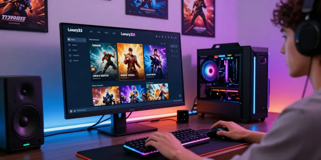 Luxury333 gaming platform interface displayed on a modern gaming setup with RGB lighting.